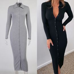 WannaThis Long Sleeve Party Dresses Women Button Knitted Ankle-Length V-Neck Skinny Autumn Sexy Dresses Women Cotton Split Hem X0629