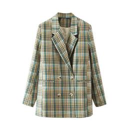 Vintage Women Green Plaid Blazers Fashion Ladies Notched Collar Coats Causal Female Chic Double Breasted Jacket 210527