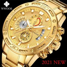 WWOOR Fashion Mens Watches Top Brand Luxury Gold Full Steel Quartz Watch Men Waterproof Sport Chronograph Relogio Masculino 210804