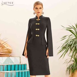 Adyce 2021 New Winter Women Black Long Cloak Sleeve Bandage Dress Sexy Midi Blue Hot Celebrity Runway Party Bodycon Club Dresses G1214