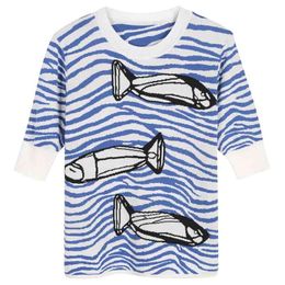 autumn arrival blue striped fish sweater women half sleeve knitted pullovers o-neck slim tops 210805