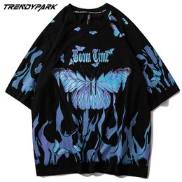 Men's T-shirt Butterflies In Flame Printed Short Sleeve Hip Hop Oversized Cotton Casual Harajuku Streetwear Tops Tee T-shirts 210601