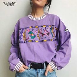 Women Hoodies Purple Autumn Round Neck Young Girls Female Printed Clothes Loose Cute Women Pullover Sweatershirts Oversize 211104