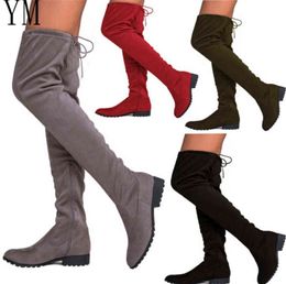 Sexy Side zip Thigh High Boots Female Winter Women Over the Knee Flat Stretch Fashion Shoes New Lace-up Riding H1123