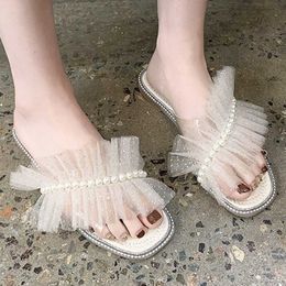 Malha corda grânulo plana rimocy chinelos feminino verão moda transparente pvc geléia flip flops mulher sapatos de festa ao ar livre mujer 2 91