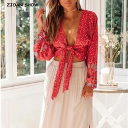 New Women Bohemia Sun Flower Print Kimono Shirt Loose Long Sleeve V-Neck Lacing Up Tie Bow Cardigan Blouse Femme Blusas 210225