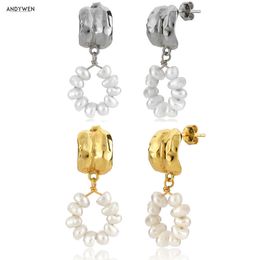 ANDYWEN 925 Sterling Silver Gold Irregular Pearl Circle Pendant Drop Earring Rock Punk Big Large Jewellery For Women 210608