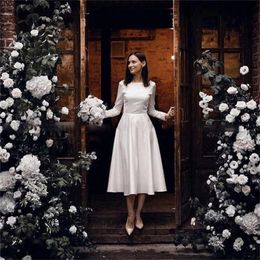 Vintage Tea Length A-Line Wedding Dresses Simple White Satin Long Sleeves Bridal Formal Gowns V-Back Spring Summer Garden Bride Dress 2022 Vestidos De Novia