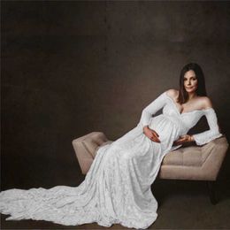 Lace Baby Shower Long Dress Flare Sleeve V-neck Pregnancy Photography Dress Maternity Photo Shoot Outfit Q0713