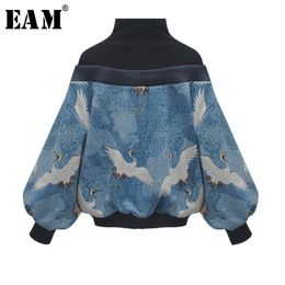 [EAM] Spring High Collar Long Sleeve Pattern Printed Loose Big Size Personality Sweatshirt Women Fashion JL948 210728
