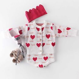 Love Heart Baby Sets Valentine Day Key Long Sleeve Sweater Coat +Romper 2pcs Outfits Kids Clothes 0-2 Years E86022 210610