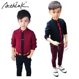 ActhInK Boys Formal Solid Cotton Dress Shirt with Necktie Brand England Style Wedding Shirts Kids Party Shirts,MC113 210713
