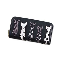 Women's European And American Cat Cute Cartoon wallet Embroidery Thread PU Leather Ladies Zipper Long Wallet Clutch