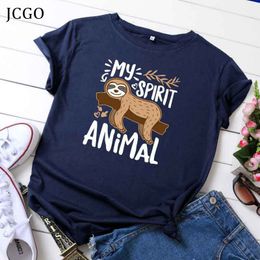 JCGO Women T-shirt Summer Short Sleeve Cotton Plus Size S-5XL Cute Lazy Sloth Animal Print Casual O Neck Female Tshirt Tees Tops 210306