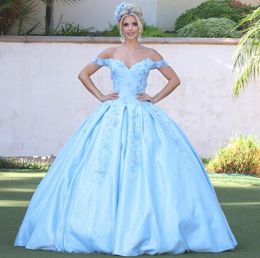 Classy Blue Flowers Quinceanera Dresses 2021 Ball Gown Lace Up Satin Evening Dress Off The Shoulder Night Party Sweet vestidos de XV 15 años Women Wear
