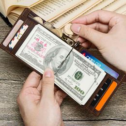 Contacts Crazy Horse Leather Men Money Clip Wallet Rfid Solid Male Purses With Zipper Coin Pocket Card Case Holder High Quality