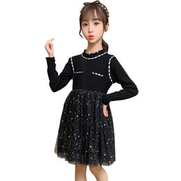 Dresses For Girls Sequin Patchwork Mesh Kids Casual Style Costumes 6 8 10 12 14 210528