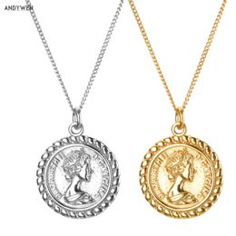 ANDYWEN 925 Sterling Silve 19mm Women Image Coin Pendant Long Chain Necklace Gold Double Side Horse 2 Types Rock Punk Jewellery Q0531