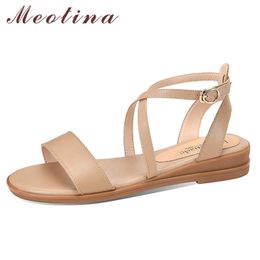 Meotina Women Shoes Real Leather Sandals Cross Strap Flat Sandals Round Toe Ladies Footwear Summer Beach Shoes Beige Size 33-43 210608