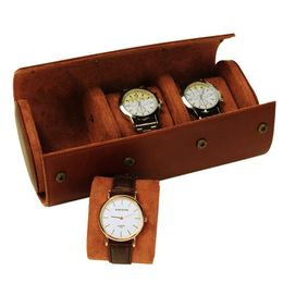 Watch Boxes & Cases 3 Slots Roll Travel Case Chic Portable Vintage Leather Display Storage Box With Slid In Out Organisers