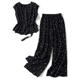 Matching suit polka dot chiffon trousers two-piece large size summer Korean fashion retro casual top wide leg pants suit 211009