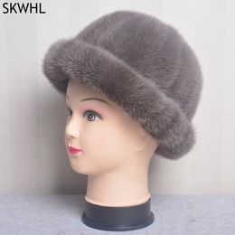 Women Winter Warm Beanie Hat Real Mink Fur Cap Fashion Lady Beanie Visor Landlord Street Trendsetter Real Caps