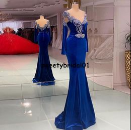 Kosovo Design Vestido De Fiesta De Boda Blue Evening Dresses 2021 Velvet V Neck Mermaid Prom Dress Long Sleeves Women Party Gown