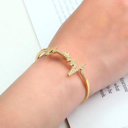 Romantic Heartbeat Bangle Adjustable Women's Bracelet Copper Zircon 18K Gold Plated Initial Jewelry