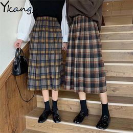 Women Plaid Skirts winter Warm Wool High Waist Pleated Skirt Harajuku Students Girls kawaii Long Skirts korean saia midi 210311