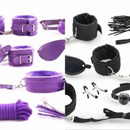 Bondages 7 PCS BDSM Bondage Restraint Set Sex Handcuffs Whip Anal Beads Butt Plug Bullet Vibrator Toys for Woman Adults 1122