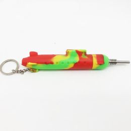 Colourful Silicone Portable Key Ring Titanium Tip Straw Smoking Oil Rigs Philtre Tube Innovative Design Submarine Accessories Shape Hookah Bong Holder DHL