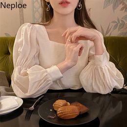 Neploe Pleated Blouse Women Solid Square Collar Puff Sleeve Ladies Blusa Shirts Spring 2021 Fashion Casual Female Tops 210303