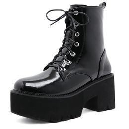 Woman Autumn Punk Girls Boots 8cm Womens Ladies Chunky Wedge Platform Black Patent Leather Plus Size 41 42 43 Ankle Boots Goth