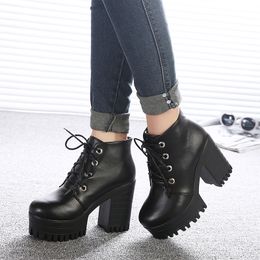 414243 Size Manufacturer Simple Lace Short Boots Women Spring and Autumn round Toe Japanese Women Chunky Heel Platform High Heels Dr. Marten