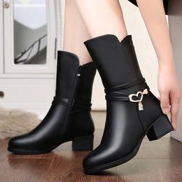 Boots Mother's Shoes Short Autumn And Winter Thick Heel Soft Sole Heelleathershoespluscashmere Leather Women's