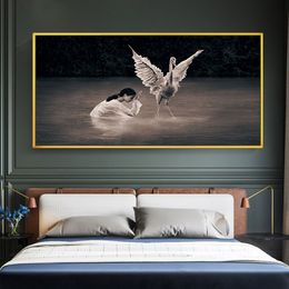 Modern Paintings Girl Praying Swan For Living Room Retro Wall Art Decorative Pictures Canvas Prints Posters