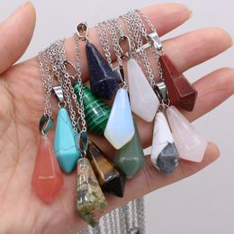 Chakra Cone Shape Reiki Healing Natural Stone Pendulum Pendant Necklace Turquoise Amethyst Pink Rose Crystal Link Necklaces Women Jewellery 14x27mm