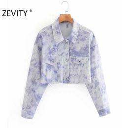 ZEVITY women vintage tie dye painting short shirt coat female sequins decoration outwear denim jacket casual slim tops CT594 210603
