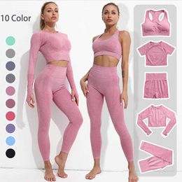Women Sportswear SeamlYoga Set Sport Outfit For Woman Gym Wear Workout Clothes Long Sleeve Crop Top Leggings FitnSuit X0629
