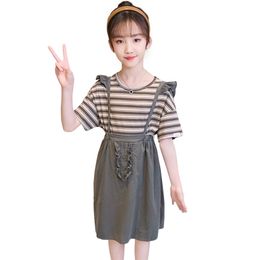 Kids Clothes Striped Tshirt + Jumpsuit For Girls Ruffles Teenage Casual Style Children's Summer Clothe 210527