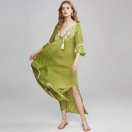 TEELYNN green tunic dresses women vestidos vintage floral embroidery v neck flare sleeve tassel summer dress beach maxi dresses 210309