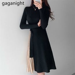 Knitted Women Slim Bodycon Dress Long Sleeve Chic Pleated Skirt Korean Autumn Winter Vestidos 210601