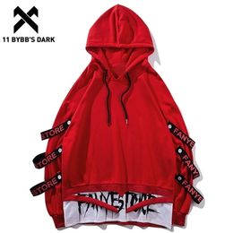 11 BYBB'S DARK Harajuku Hoodies Sweatshirts Man Side Ribbons Ripped Fashion Pullover HoodieS Streetwear Sweatshirt Gothic Cloth 211014