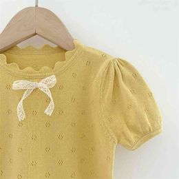 Children Girls Summer Knitted Thin T Shirt Made Of Cotton Beautiful Vintage Puff Sleeve Tops For Toddler Girl Korean 210619