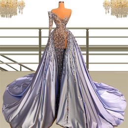 Elegant Purple Mermaid Prom Dresses One Shoulder Beading Evening Dress Custom Made Side Split Sweep Train Gorgeous Celebrity Party Gown