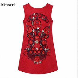 Kimocat Summer kid's Dress Embroidered girl's dress fold o-neck flower girls clothes Baby Tunic Appliques Girls dress Q0716