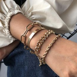Summer 4pcs Punk Curb Cuban Chain Bracelets Set Women Jewelry Thick Gold Silver Color Fashion Bohemia Bracelet Bangles