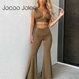 Jocoo Jolee Women Summer Casual Sexy Solid Party Club Suit Deep V Neck Halter Crop Top And High-Waist Pants Two Piece Set 210619