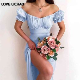 Summer Dress Blue Chiffon Elegant Fashion Butterfly Sleeve Maxi White Slash Neck Ladies es 210623