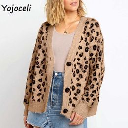 Yojoceli sexy leopard knitted cardigan coat v neck streetwear sweater 210609